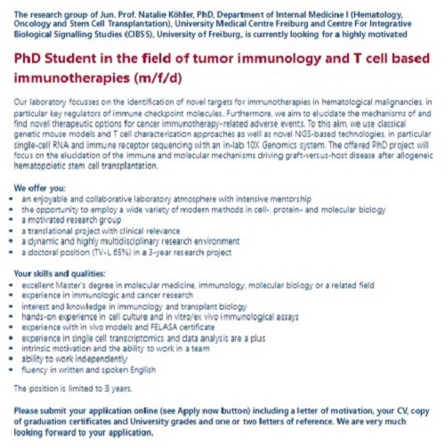 Please RT: Job opportunity! @UniklinikFr and CIBSS-member Natalie Köhler in Freiburg, Germany, invite applicants for a #PhDposition in the field of tumor immunology and T cell based immunotherapies: kurzlinks.de/wkz1 
#fundedPhD #academicjobs #researcher #universityjob