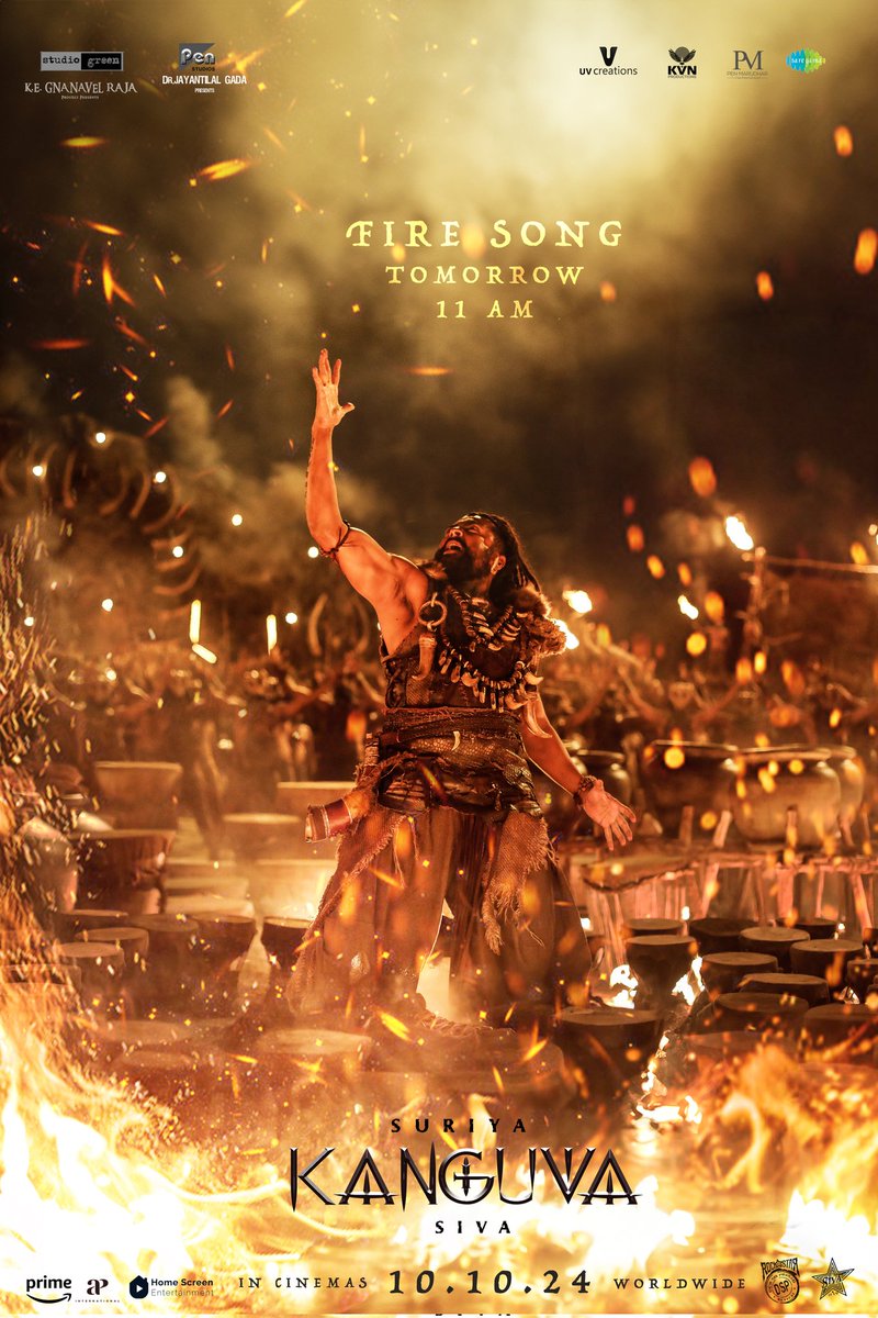 Kanguva (@kanguvathemovie) on Twitter photo Let the flames of the ancients awaken your spirits ❤️
Get ready to experience the much-awaited #FireSong from #Kanguva 🔥
Releasing tomorrow at 11:00 AM 🌋
#KanguvaFromOct10 🦅
<a href="/Suriya_offl/">Suriya Sivakumar</a> <a href="/DishPatani/">Disha Patani</a> <a href="/thedeol/">Bobby Deol</a> <a href="/directorsiva/">siva+director</a> <a href="/ThisIsDSP/">DEVI SRI PRASAD</a> <a href="/StudioGreen2/">Studio Green</a> <a href="/GnanavelrajaKe/">Gnanavelraja Ke</a> Let the flames of the ancients awaken your spirits ❤️
Get ready to experience the much-awaited #FireSong from #Kanguva 🔥
Releasing tomorrow at 11:00 AM 🌋
#KanguvaFromOct10 🦅
<a href="/Suriya_offl/">Suriya Sivakumar</a> <a href="/DishPatani/">Disha Patani</a> <a href="/thedeol/">Bobby Deol</a> <a href="/directorsiva/">siva+director</a> <a href="/ThisIsDSP/">DEVI SRI PRASAD</a> <a href="/StudioGreen2/">Studio Green</a> <a href="/GnanavelrajaKe/">Gnanavelraja Ke</a>