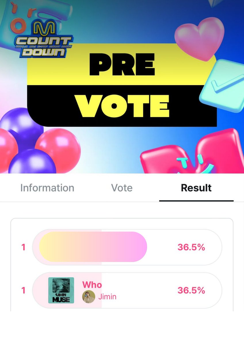 PJM_data's tweet photo. 🚨 Don't forget to vote for Jimin's "Who" on Mnet M Countdown's pre-vote! 🚨

If we want Jimin to get a win for "Who" we need to get back the lead and increase the gap

The Pre-vote closes on the 22nd at 11:59PM (KST) (2.5 hours). Vote daily on all your devices.

🗳https://t.co/0k4PQDNpmn