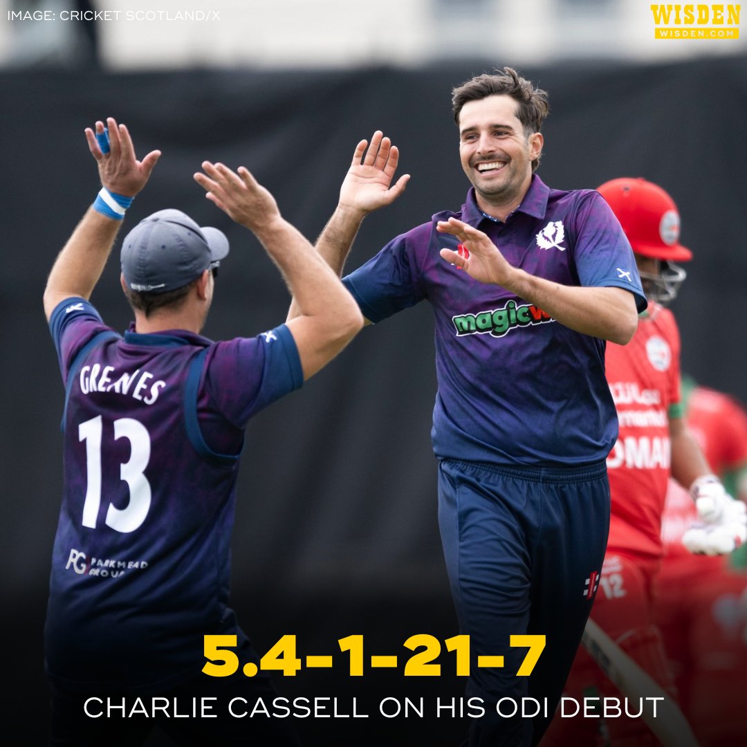 Wisden (@wisdencricket) on Twitter photo Against Oman, Scotland’s Charlie Cassell became first ever to take seven wickets on ODI debut.
Read more: wisden.com/series/namibia… Against Oman, Scotland’s Charlie Cassell became first ever to take seven wickets on ODI debut.
Read more: wisden.com/series/namibia…