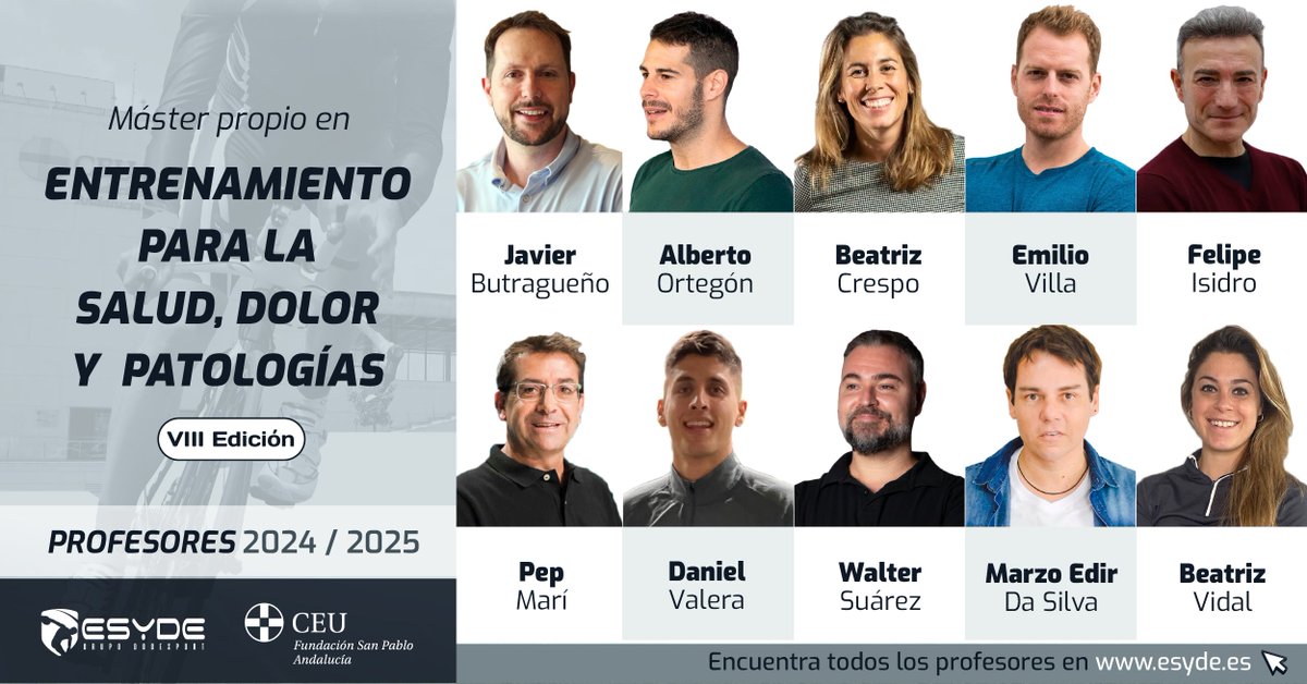 ESYDE_Formacion's tweet photo. Presentamos parte del profesorado encargado del nuevo curso 24/25 del #Máster en 𝐄𝐧𝐭𝐫𝐞𝐧𝐚𝐦𝐢𝐞𝐧𝐭𝐨 𝐩𝐚𝐫𝐚 𝐥𝐚 𝐒𝐚𝐥𝐮𝐝, 𝐃𝐨𝐥𝐨𝐫 𝐲 𝐏𝐚𝐭𝐨𝐥𝐨𝐠𝐢́𝐚𝐬.
Se espera un año prometedor de la mano de estos grandes profesionales y de @ceu_andalucia 💪
#esyde #salud https://t.co/PKZbiVjaGF