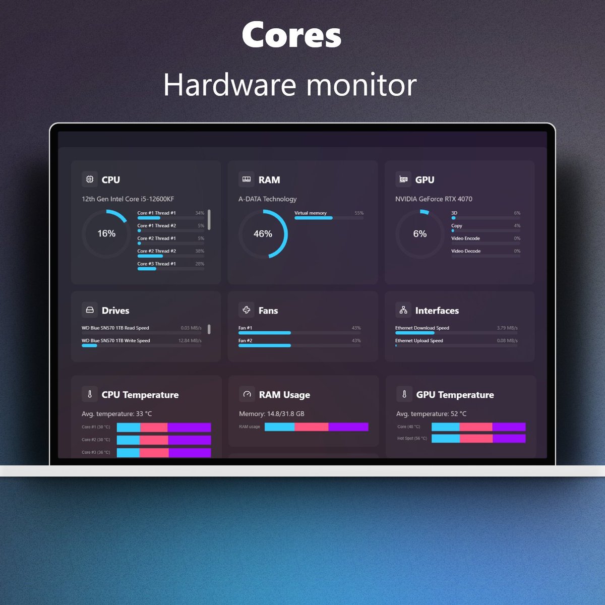 levminer92's tweet photo. Just release an update to Cores: Fixed a couple of bugs and battery information is now available. Still working on Linux and macOS support. (Built with: @TauriApps, @rustlang and @sveltejs ) https://t.co/D1mutZF9C2