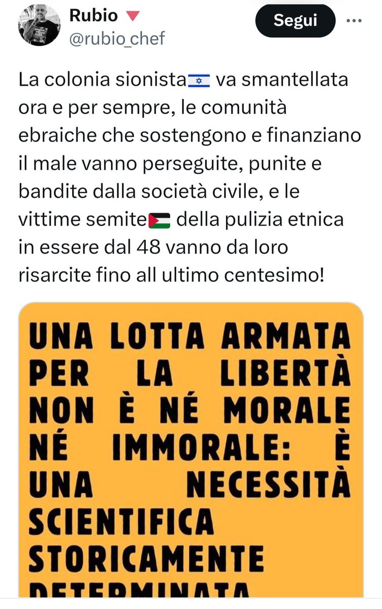 Ma questo <a href="/rubio_chef/">Rubio 🔻</a> non va inquisito e mandato a processo per la Legge Mancino? Signori magistrati che magari leggete questo post non vi pare che vi sia una palese ipotesi di reato?  Ministro Matteo Piantedosi io sono certo che lei sia sensibile.