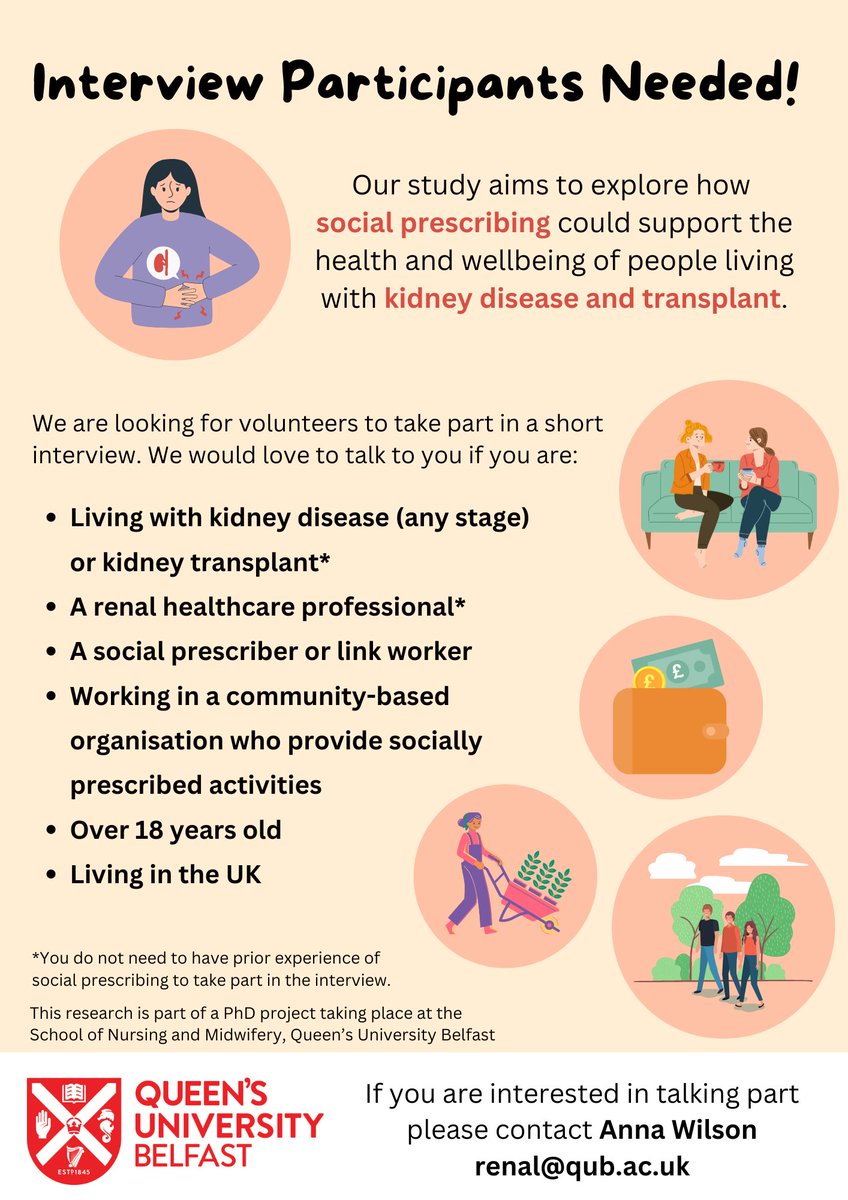 📣As part of a PhD study exploring #socialprescribing for people with #kidneydisease, we are now recruiting participants for a short interview.

Please contact <a href="/AnnaWilson444/">Anna Wilson</a> or click the link to register your interest in participating!

forms.office.com/e/e72yxvxhqR