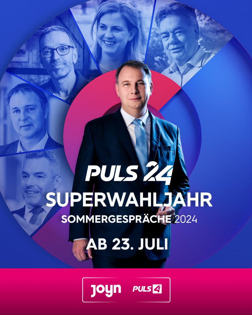 PULS 4 (@puls4) on Twitter photo Die Sommergespräche auf PULS 24 und PULS 4 starten bald! 🔍🗳️ Als Erstes ist am Dienstag Vizekanzler und Grünen-Chef Werner Kogler an der Reihe!
Ab 23. Juli, jeden Dienstag um 20:15 Uhr auf PULS 24, PULS 4 und <a href="/joynoesterreich/">Joyn Österreich</a>
#sommergespraeche #superwahljahr2024 <a href="/WKogler/">Werner Kogler</a> Die Sommergespräche auf PULS 24 und PULS 4 starten bald! 🔍🗳️ Als Erstes ist am Dienstag Vizekanzler und Grünen-Chef Werner Kogler an der Reihe!
Ab 23. Juli, jeden Dienstag um 20:15 Uhr auf PULS 24, PULS 4 und <a href="/joynoesterreich/">Joyn Österreich</a>
#sommergespraeche #superwahljahr2024 <a href="/WKogler/">Werner Kogler</a>
