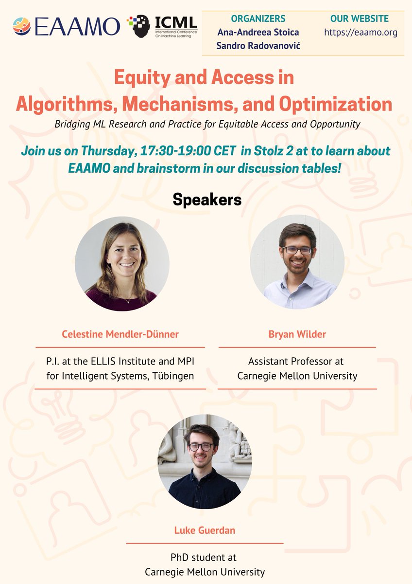 Ana Stoica (@astoica73) on Twitter photo Also at #ICML: Sandro Radovanović and I are organizing an EAAMO social, also on Thursday, 17:30CET, in Stolz 2!
Join us to hear 3 amazing short talks from <a href="/CeleMenDu/">Celestine Mendler-Dünner</a> , <a href="/brwilder/">Bryan Wilder</a> , and <a href="/lukeguerdan/">Luke Guerdan</a>, followed by discussion tables on various topics. <a href="/EAAMO_ORG/">EAAMO</a> Also at #ICML: Sandro Radovanović and I are organizing an EAAMO social, also on Thursday, 17:30CET, in Stolz 2!
Join us to hear 3 amazing short talks from <a href="/CeleMenDu/">Celestine Mendler-Dünner</a> , <a href="/brwilder/">Bryan Wilder</a> , and <a href="/lukeguerdan/">Luke Guerdan</a>, followed by discussion tables on various topics. <a href="/EAAMO_ORG/">EAAMO</a>