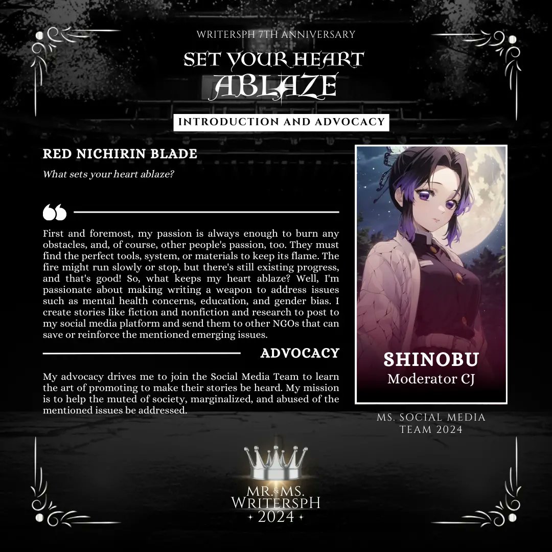 writersphorg's tweet photo. 𝐌𝐑. 𝐀𝐍𝐃 𝐌𝐒. 𝐖𝐑𝐈𝐓𝐄𝐑𝐒𝐏𝐇 𝟐𝟎𝟐𝟒 - 𝐈𝐍𝐓𝐑𝐎𝐃𝐔𝐂𝐓𝐈𝐎𝐍 𝐀𝐍𝐃 𝐀𝐃𝐕𝐎𝐂𝐀𝐂𝐘

𝐌𝐑. 𝐀𝐍𝐃 𝐌𝐒. 𝐒𝐎𝐂𝐈𝐀𝐋 𝐌𝐄𝐃𝐈𝐀 𝐓𝐄𝐀𝐌
🩷 Shinobu Kocho and Giyu Tomioka | Soc. Med. Moderator CJ and AA

#MrAndMsWritersPH2024 https://t.co/RXwBHsCL56