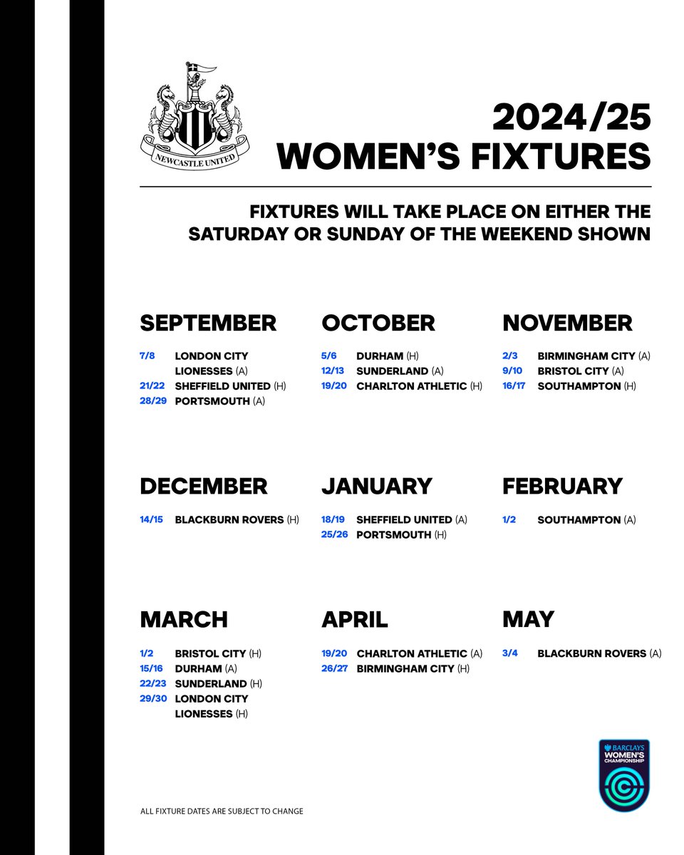 NUFCWomen's tweet image. Fixtures confirmed for our debut @BarclaysWC campaign 📆

#NUFCWomen
