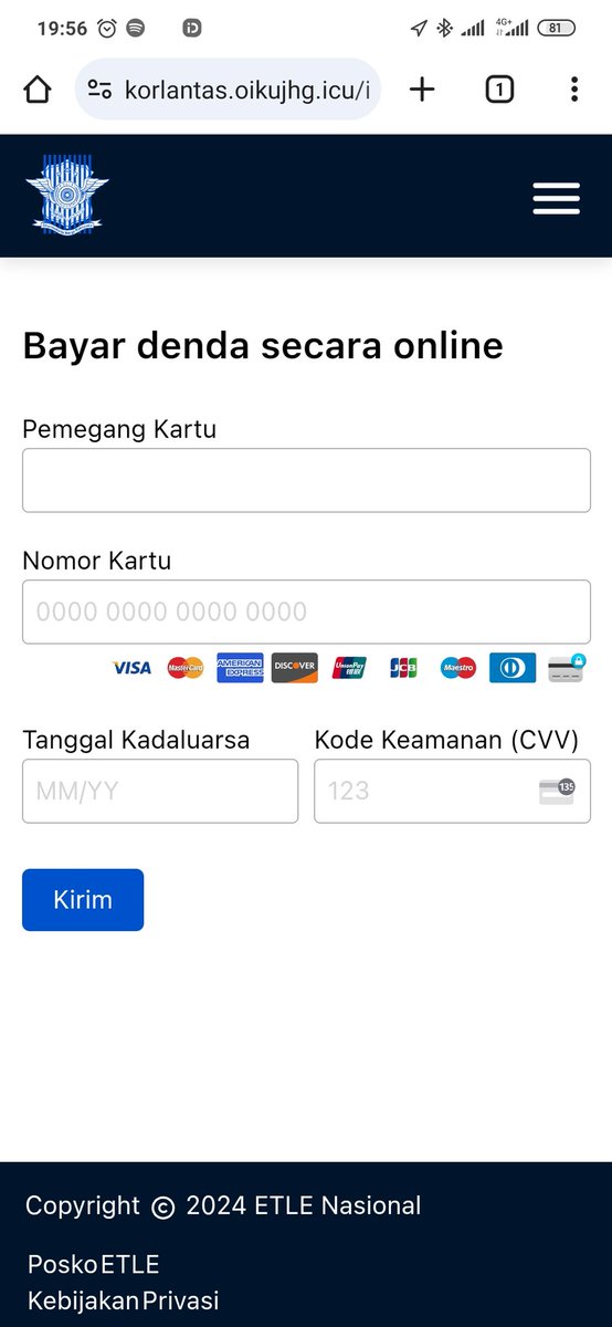 AnwarIDofficial's tweet photo. @NTMCLantasPolri ,
Apakah ini website resmi korlantas ?
Setelah saya coba buka tidak jelas pelanggarannya apa dan langsung diharuskan isi nomor hp.
Lalu diarahkan untuk mengisi nomor kartu ATM beserta tanggal kadaluarsa dan cvv nya.

Aga mencurigakan,
Mohon konformasinya https://t.co/wfgx03eCRj