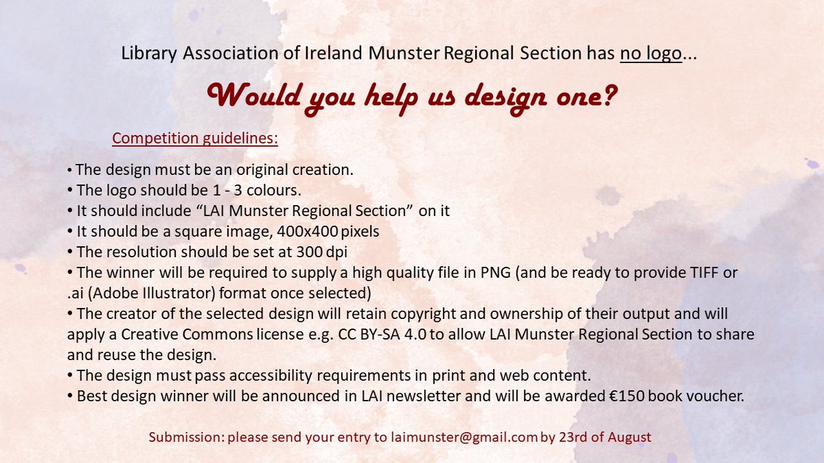 📣📣 Competition time 📣📣 
The LAI Munster Regional Section has no logo....Could you help us create one? Logo competition is open to all. 
Please check the rules and guidelines below &amp; email laimunster@gmail.com with your questions! Deadline 23rd of August - GO! 
Good luck! 🍀