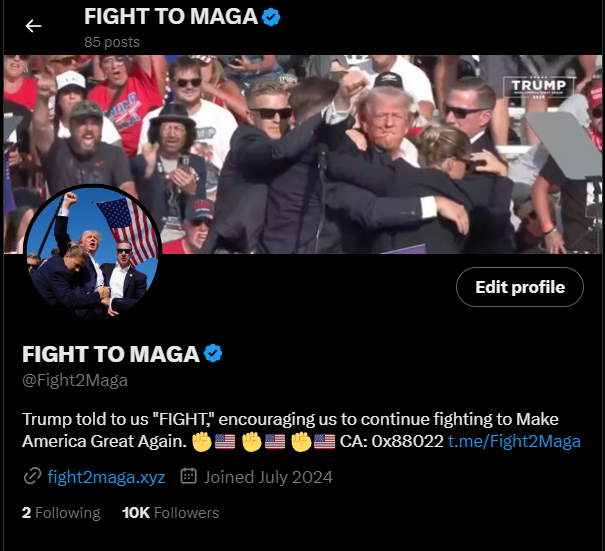 Fight2Maga's tweet photo. 10K FIGHTERS ON X  🇺🇸✊

This milestone reflects the hard work and dedication of our amazing team and community.

UNITED, we embody everything $FIGHT's movement is about. And this is just the beginning! 

Thank you for your support!

KEEP ON FIGHTING TO MAKE AMERICA GREAT AGAIN.

$FIGHT $FIGHT $FIGHT 

0x88022