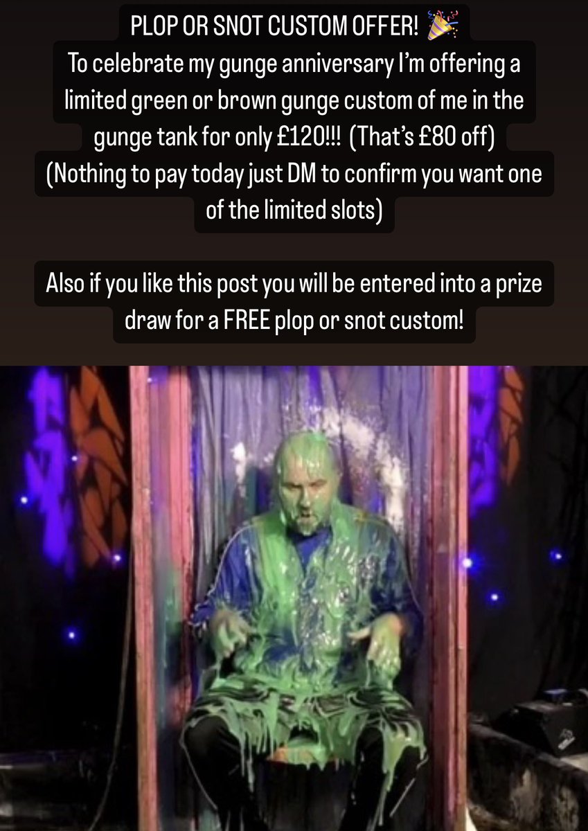 InGunge's tweet image. PLOP OR SNOT CUSTOM ONLY £120.00 (£80.00 saving!) You choose what I wear and send me off to the gunge tank! 💦 limited slots available nothing to pay today just DM me if you want a slot! Also if you like this post you will be entered into a draw for a FREE custom! #gunge #gunged