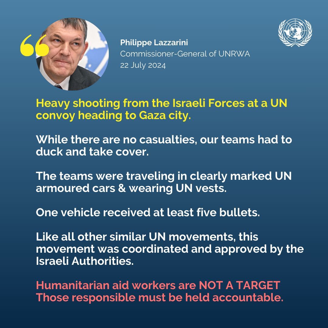 United Nations Geneva (@ungeneva) on Twitter photo Yesterday, Israeli Forces fired on a <a href="/UNRWA/">UNRWA</a> convoy heading to #Gaza City. No casualties, but one armored car was hit & left the convoy.
"Clearly marked UN vehicles were targeted.
Humanitarian aid workers are #NOTaTarget.
Those responsible must be held accountable." <a href="/UNLazzarini/">Philippe Lazzarini</a> Yesterday, Israeli Forces fired on a <a href="/UNRWA/">UNRWA</a> convoy heading to #Gaza City. No casualties, but one armored car was hit & left the convoy.
"Clearly marked UN vehicles were targeted.
Humanitarian aid workers are #NOTaTarget.
Those responsible must be held accountable." <a href="/UNLazzarini/">Philippe Lazzarini</a>