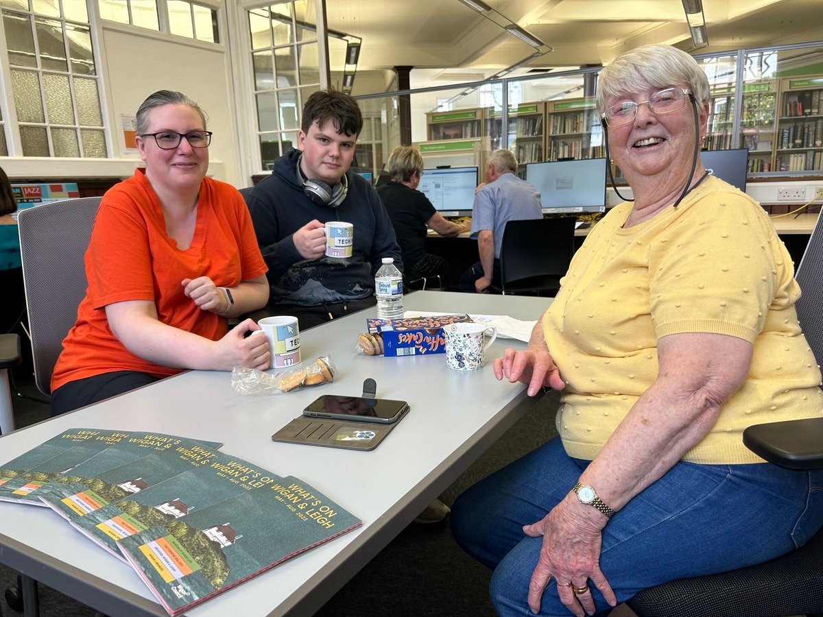 DigitalWigan's tweet photo. Today at 11:30 Wigan Library hosts a Techmate Tea Party for those needing digital skills support. Techmates offers a relaxed environment to learn at your own pace with a free hot drink included. #DigitalInclusion #Techmates https://t.co/iVIxI1Ox1R