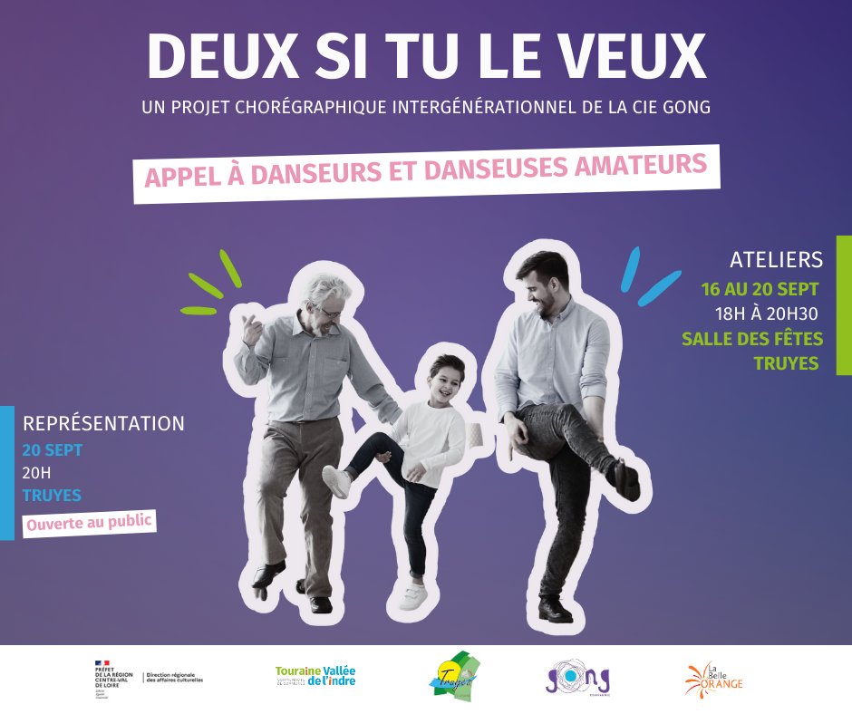 <a href="/comcomTVI/">TOURAINE VALLÉE DE L'INDRE</a>  et la Cie GONG  lancent "Deux si tu le veux", un projet chorégraphique intergénérationnel !

Nous recherchons des participants :
🧒Âgés de 13 à 99 ans
💃Aimant la danse et le théâtre
🤝Avec un esprit de groupe

Pour participer : gong.compagnie@gmail.com