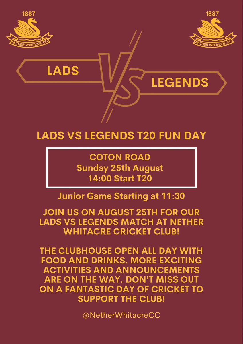 Nether Whitacre CC (@nwhitacrecc) on Twitter photo LADS vs. LEGENDS T20 FUN DAY 🦆🏏 
See details below and more exciting announcements are on the way… LADS vs. LEGENDS T20 FUN DAY 🦆🏏 
See details below and more exciting announcements are on the way…