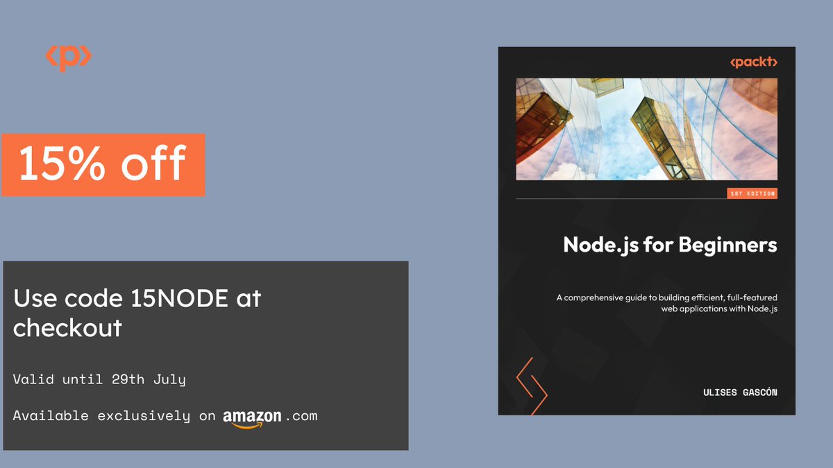 🚀 Excited to share that "#Nodejs for #Beginners" has been out for almost 2 months! 🎉 

Until July 29th, get 15% off with code 15NODE on Amazon. Learn to build efficient, full-featured web apps with Node.js. Don't miss out!  #WebDevelopment 📚🔥 

amazon.com/dp/1803245174