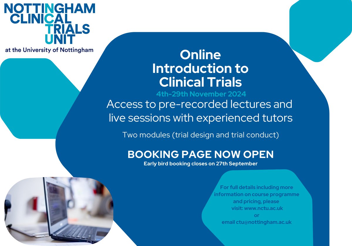 Our Online Introduction to Clinical Trials course is now open for booking.  This takes place between 4-29 November 2024. 
Early bird booking applies up to 27 September.  
For further information please see nctu.ac.uk/short-courses/… or to book store.nottingham.ac.uk/conferences-an…