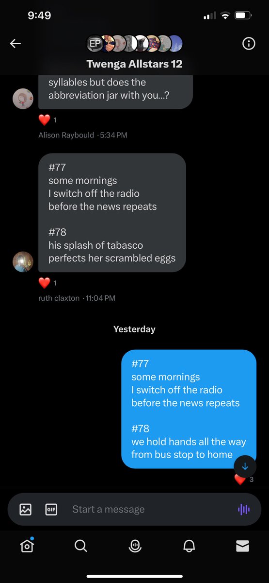 #77
some mornings
I switch off the radio
before the news repeats

#78
the lark brings the owl
endless cups of tea

#twenga #love <a href="/artpickdarkpot/">patrick</a> 
<a href="/Gavin_Wade_/">Gavin_Wade_</a> @jamray <a href="/byTinaFrancis/">Tina Francis</a> <a href="/tantwenga2024/">justherefortantwenga</a> @Random_Fate <a href="/LittleOnion/">Little Onion</a> <a href="/Cathy_Wade/">Cathy Wade</a> @ruthclaxton <a href="/AnumAJamal/">Anum Jamal</a> #100verses #haiku