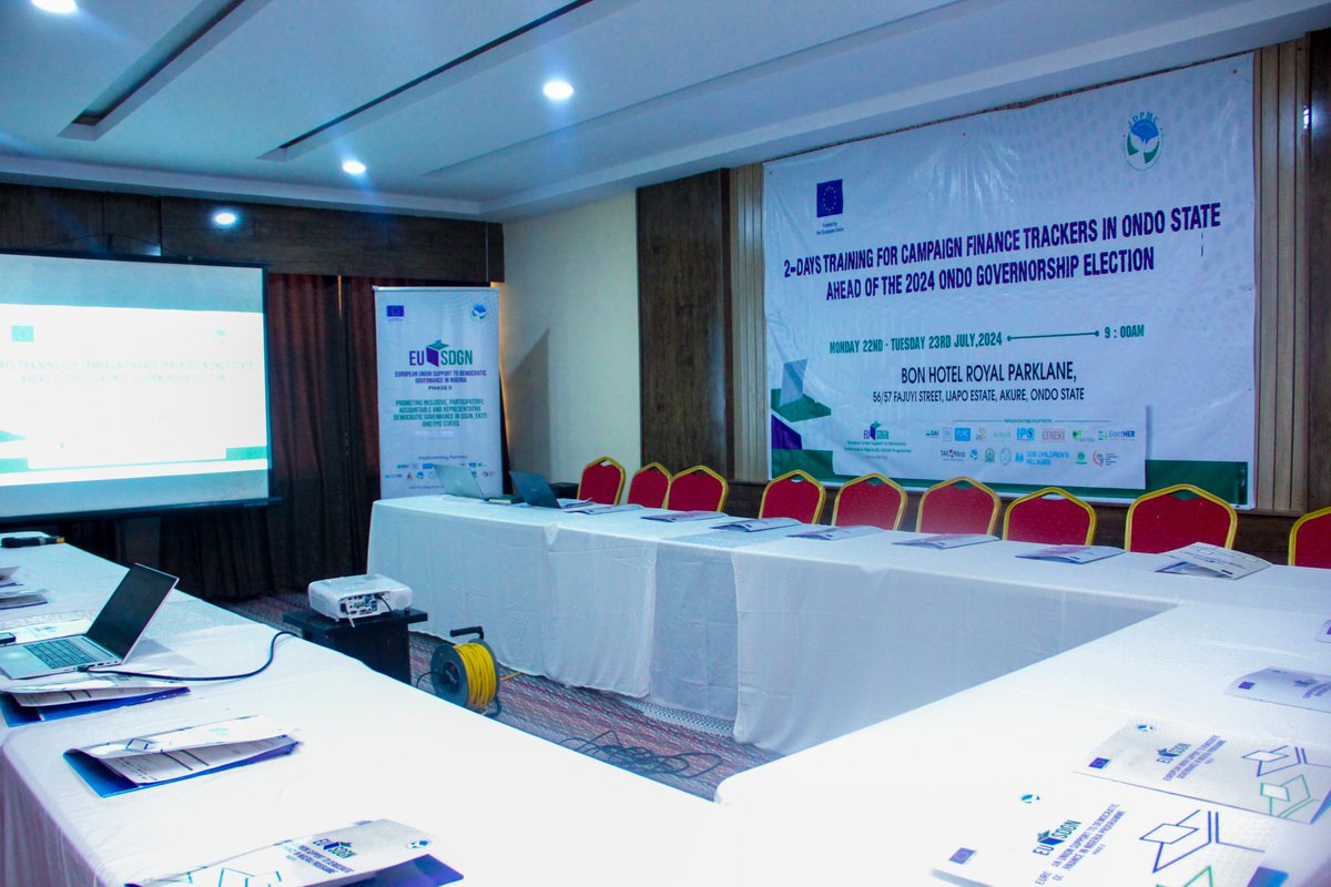 All is set for the 2-Days Training for Campaign Finance Trackers in Ondo State ahead of the 2024 Ondo Governorship Election.  
 
#EUinNigeria
 #EUSDGN
 #EU4Democracy
 #EU4DemocracyNG
 #2024ondogubernatorialpoll 
#votebuying