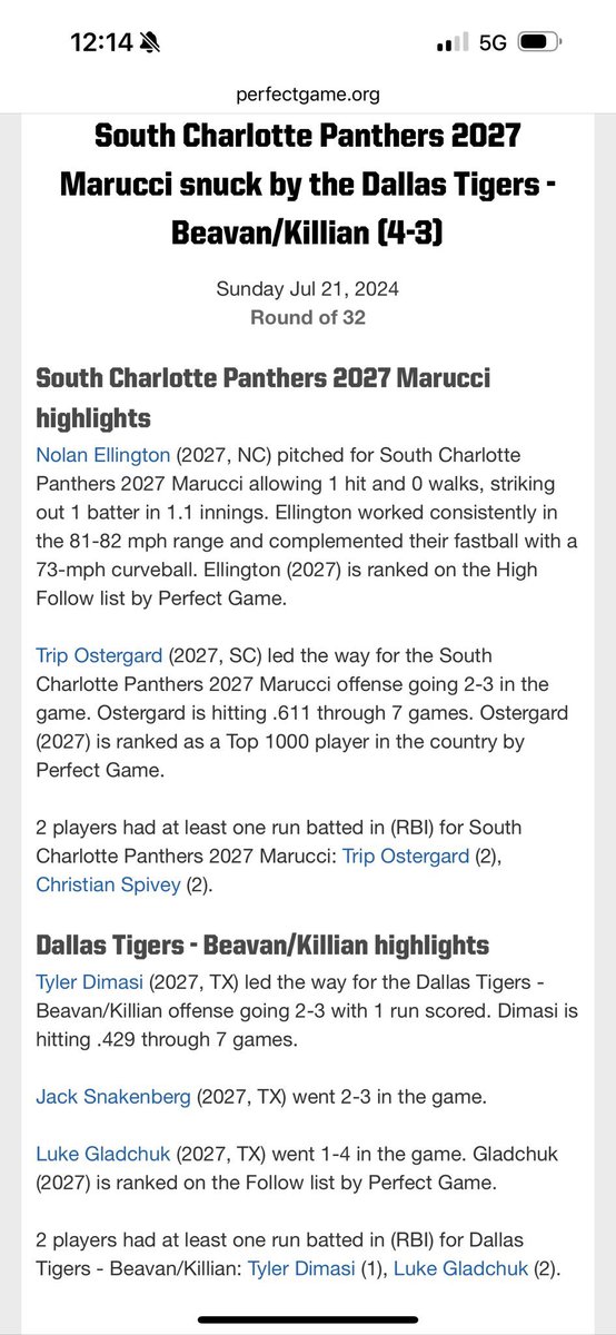 Dallas Tigers West (@dallastigerswe1) on Twitter photo The Tigers lose a one run heartbreaker in the Round of 32 in the <a href="/PerfectGameUSA/">Perfect Game USA</a> 15U National Championship. Tough loss, but it was a great tournament experience and exposure for the boys. Current record stands at 27-7-3 with one tournament left. Safe travels home to all! The Tigers lose a one run heartbreaker in the Round of 32 in the <a href="/PerfectGameUSA/">Perfect Game USA</a> 15U National Championship. Tough loss, but it was a great tournament experience and exposure for the boys. Current record stands at 27-7-3 with one tournament left. Safe travels home to all!