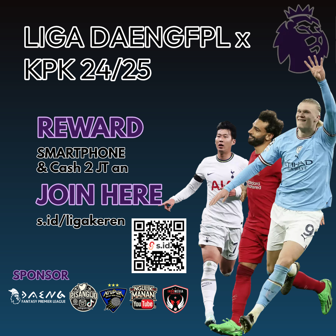 Skuy Join Liga DaengFPL x KPK 24/25!

Pagi-pagi minum kopi
Liga DaengFPL bikin happy
Hadiah smartphone dan cash menanti
Yuk join, rejeki berlimpah di sini!

Caranya:
1. RT/Repost dan mention tim kamu
2. Isi Gform di s.id/ligakeren