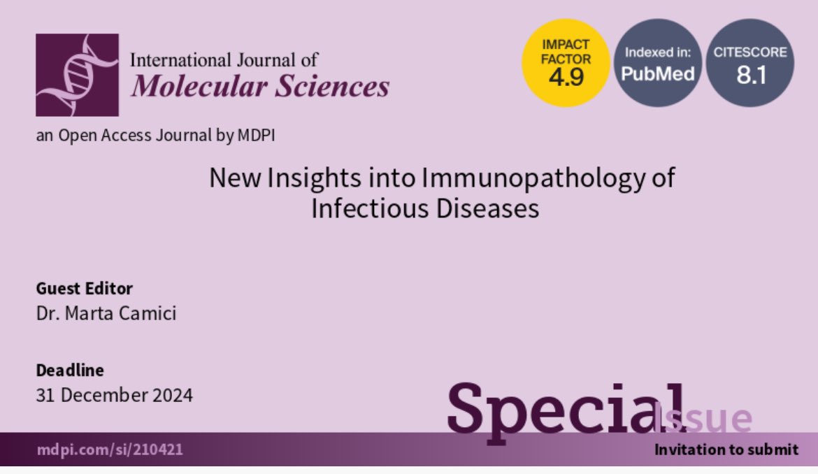 MartaCamici's tweet image. mdpi.com/journal/ijms/s…. The goal of this SI is to shed light on new immunological and inflammatory mechanisms triggered during acute infectious diseases or that may contribute to the pathogenesis of chronic inflammatory or degenerative diseases. The submissions are now open!🦠👇🏾