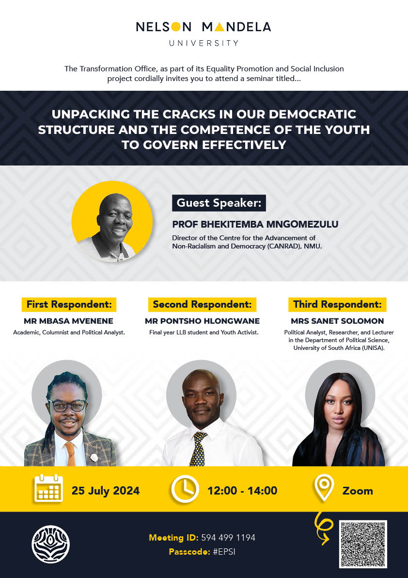 Mbasa_Mvenene's tweet image. Happy Monday friends 🤓

Join us for a thought-provoking webinar on July 25th via @Zoom with the theme: Unpacking the Cracks in Our Democratic Structure and Youth Competence in Governance

#YouthInPolitics   #ElectionAnalysis  #GoodGovernance #YouthLeadership 
#nmutransformation