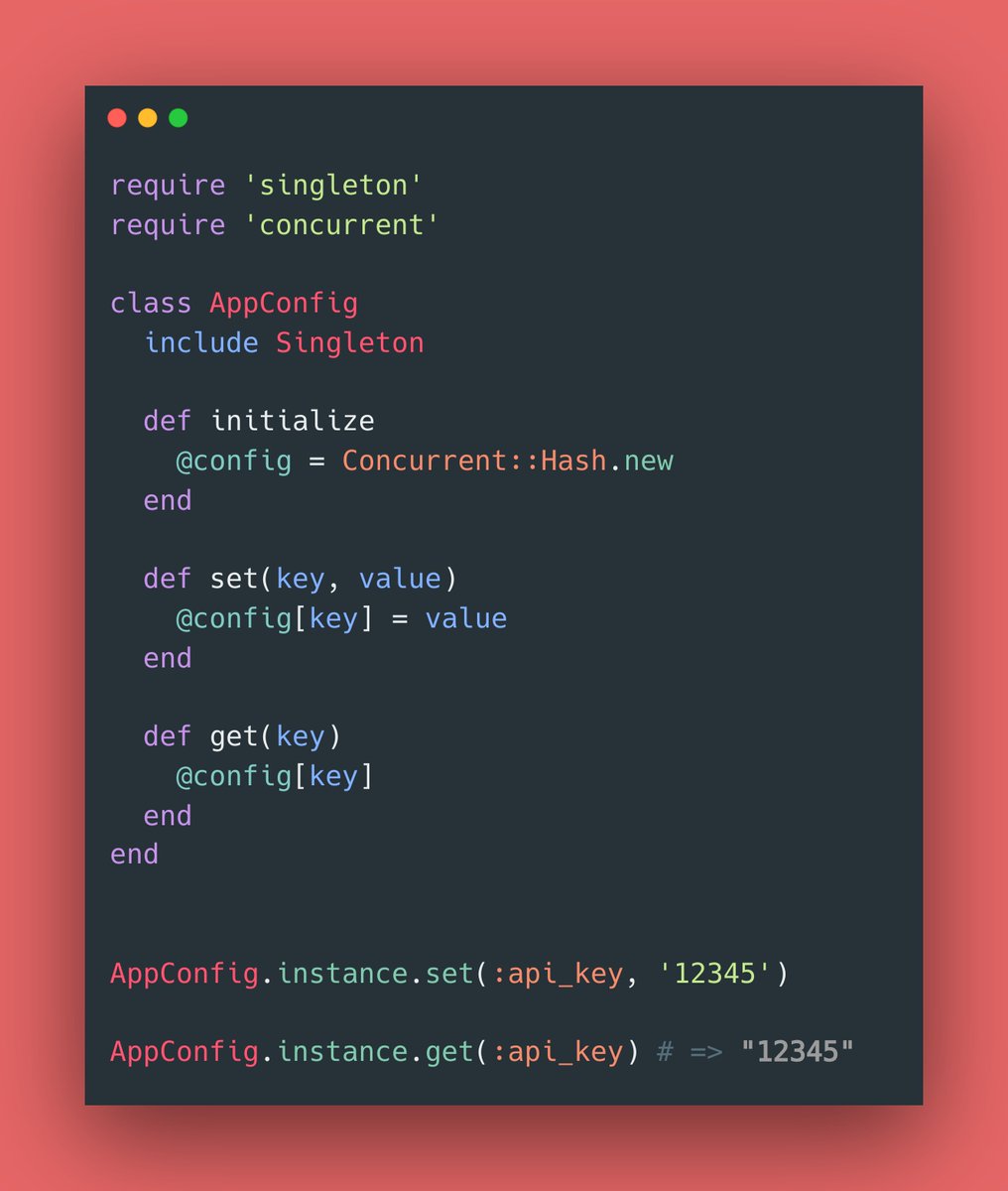 RubyCademy (@rubycademy) on Twitter photo ✨ RAILS PRO TIPS ✨
Combine the `Singleton` module and `Concurrent::Hash` to create a thread-safe configuration manager in Ruby! ✨💫
PS: The `concurrent-ruby` gem is a dependency of `ActiveSupport`, and it comes bundled with Rails by default.
#rubyonrails #activesupport ✨ RAILS PRO TIPS ✨
Combine the `Singleton` module and `Concurrent::Hash` to create a thread-safe configuration manager in Ruby! ✨💫
PS: The `concurrent-ruby` gem is a dependency of `ActiveSupport`, and it comes bundled with Rails by default.
#rubyonrails #activesupport