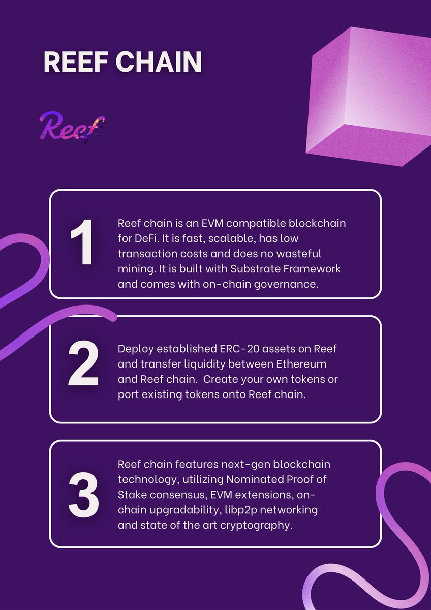 Johnmentor001's tweet image. Reef chain is an EVM compatible Reef chain is an EVM compatible blockchain for DeFi. It is fast, scalable, has low transaction costs and does no wasteful mining. It is built with Substrate Framework and comes with on-chain governance.
#Reef_Chain