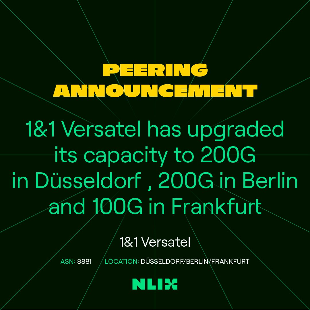 We are delighted to announce that 1&amp;1 Versatel has upgraded its capacity to 200G in Düsseldorf, 200G in Berlin and 100G in Frankfurt! Thank you <a href="/versatel/">:)</a> for the trust! 🎉 

#nlix #betheinternet #InternetExchange #peering  #bgp #iptransit #cloud #datacenter #network