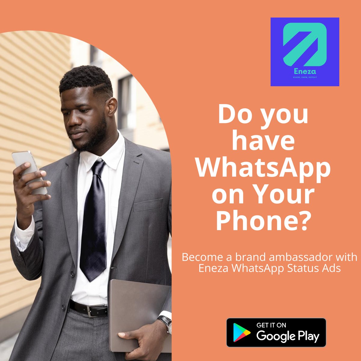 EnezaApp's tweet photo. Earn cash as a brand ambassador as long as you have WhatsApp on your phone!  With Eneza Whatsapp Status Ads, you can make money for sharing fun, authentic ads with your network. Interested? Let us know in the comments.
#WhatsApp #Eneza #Earnwitheneza https://t.co/aUmtT7QEdn