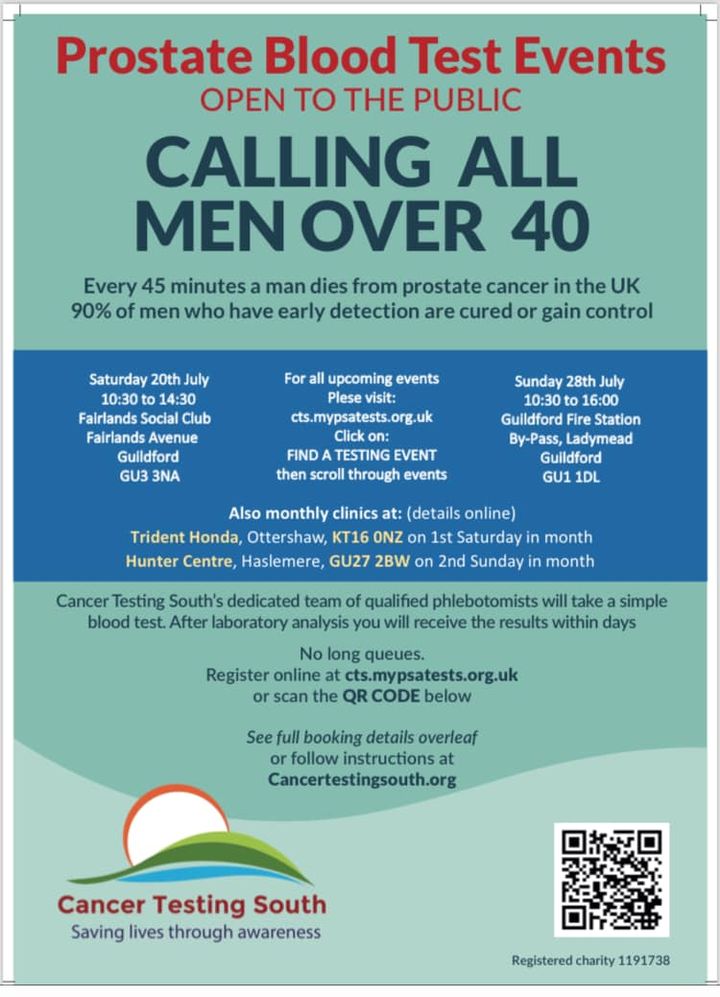 If you would like to get a PSA test this week, our friends at Cancer Testing South are hosting an event at Guildford Fire Station.
Sunday 28th July, 10.30am - 4pm - book here: cts.mypsatests.org.uk
Tests are £20