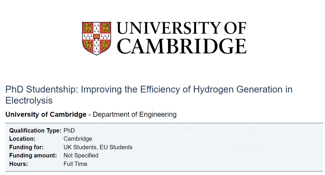 jobnewstimes's tweet image. Fully Funded PhD Programs: Improving the Efficiency of Hydrogen Generation in Electrolysis University of Cambridge 2024 Apply Now GB
jobnewstimes.com/fully-funded-p…
 
#PhdinUK #PhDProgramme #UniversityofCambridge  #FullyFundedPhDPrograms #uk #Engineering #Phdlife