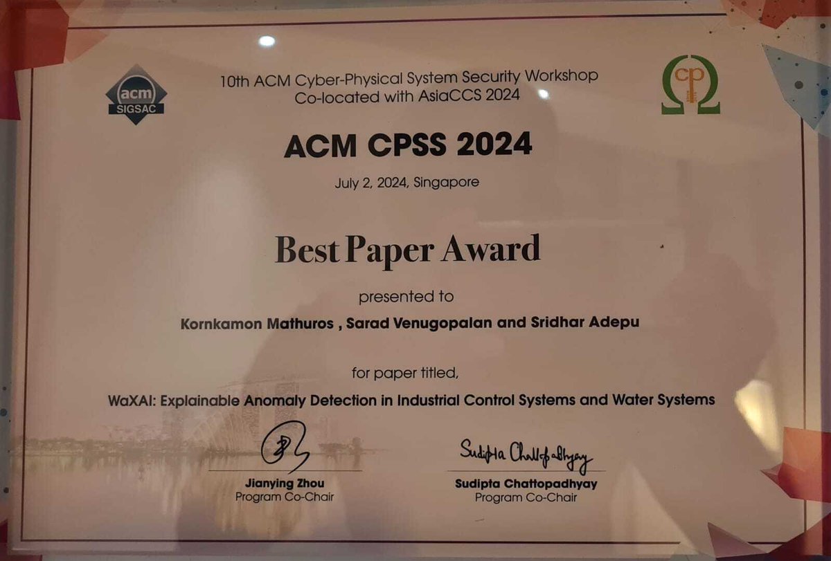 BristolCyberSec's tweet image. Congratulations to Mathuros Kornkamon, Sarad Venugopalan, and @sridhar933 for winning Best Paper Award at the 10th ACM Cyber-Physical System Security Workshop at @ASIACCS2024 for “WaXAI: Explainable Anomaly Detection in Industrial Control Systems and Water Systems.” #asiaccs