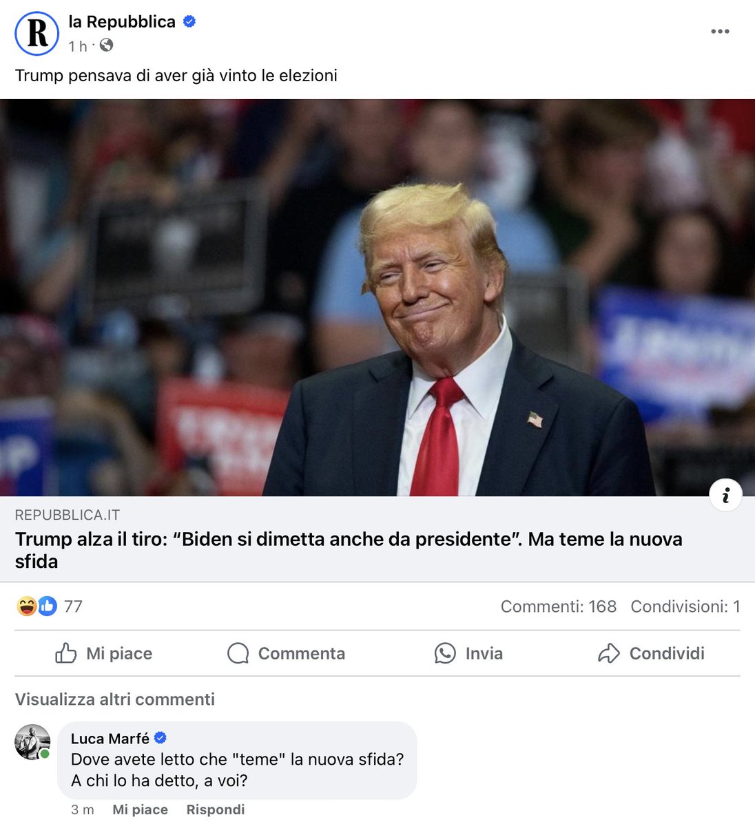 marfeluca's tweet photo. #TRUMP nel frattempo deve avere confessato proprio a Repubblica che "TEME LA NUOVA SFIDA".
Notizia in esclusiva, che danno solo loro in tutto il mondo.
🤣🤣🤣🤣🤣
#LucaMarfé #Kamala #USA #USA2024 #LECOMICHE https://t.co/OoySLfNggN