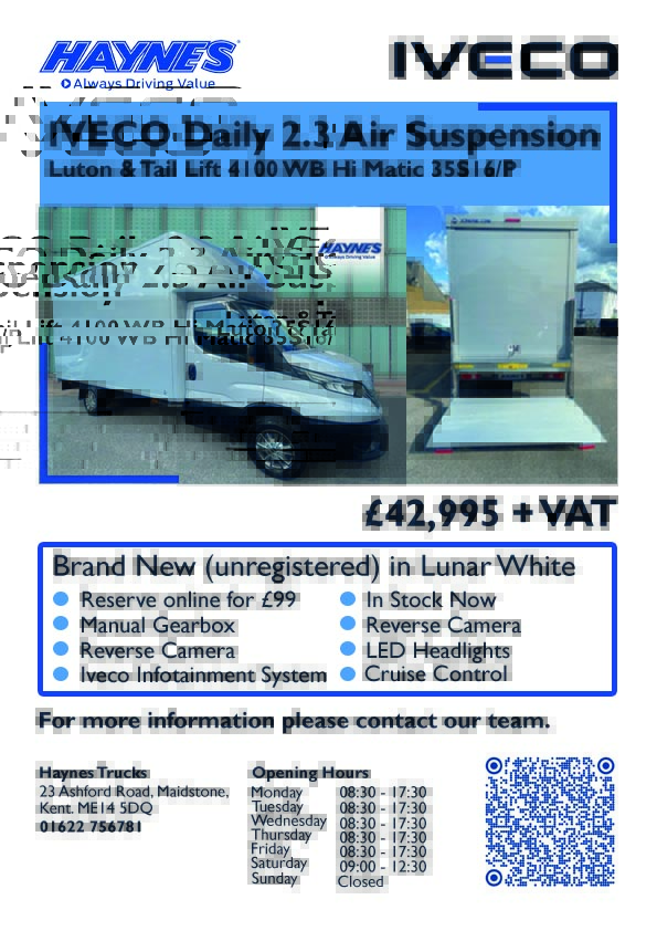 In Stock and Ready To Work !

We have available from stock an Iveco Daily 3.5T Air Pro Luton &amp; Tail Lift
🔹Lunar White
🔹Manual
🔹Iveco Infotainment System &amp; Sat Nav
🔹Reverse Camera
🔹LED Headlights
£42,995.00 + VAT + RFL
More info👉haynesiveco.co.uk/stock/16474139…