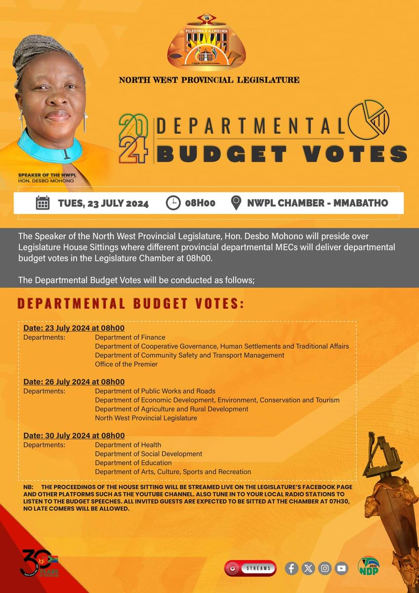 Legislature will host the Departmental Budget Votes <a href="/NWPGOV/">NWPG</a> <a href="/NWPGTreasury/">North West Treasury</a> <a href="/DesboMohono/">Dr. Desbo Mohono</a>   #7thadministration  #NWPLegislature #Legislature