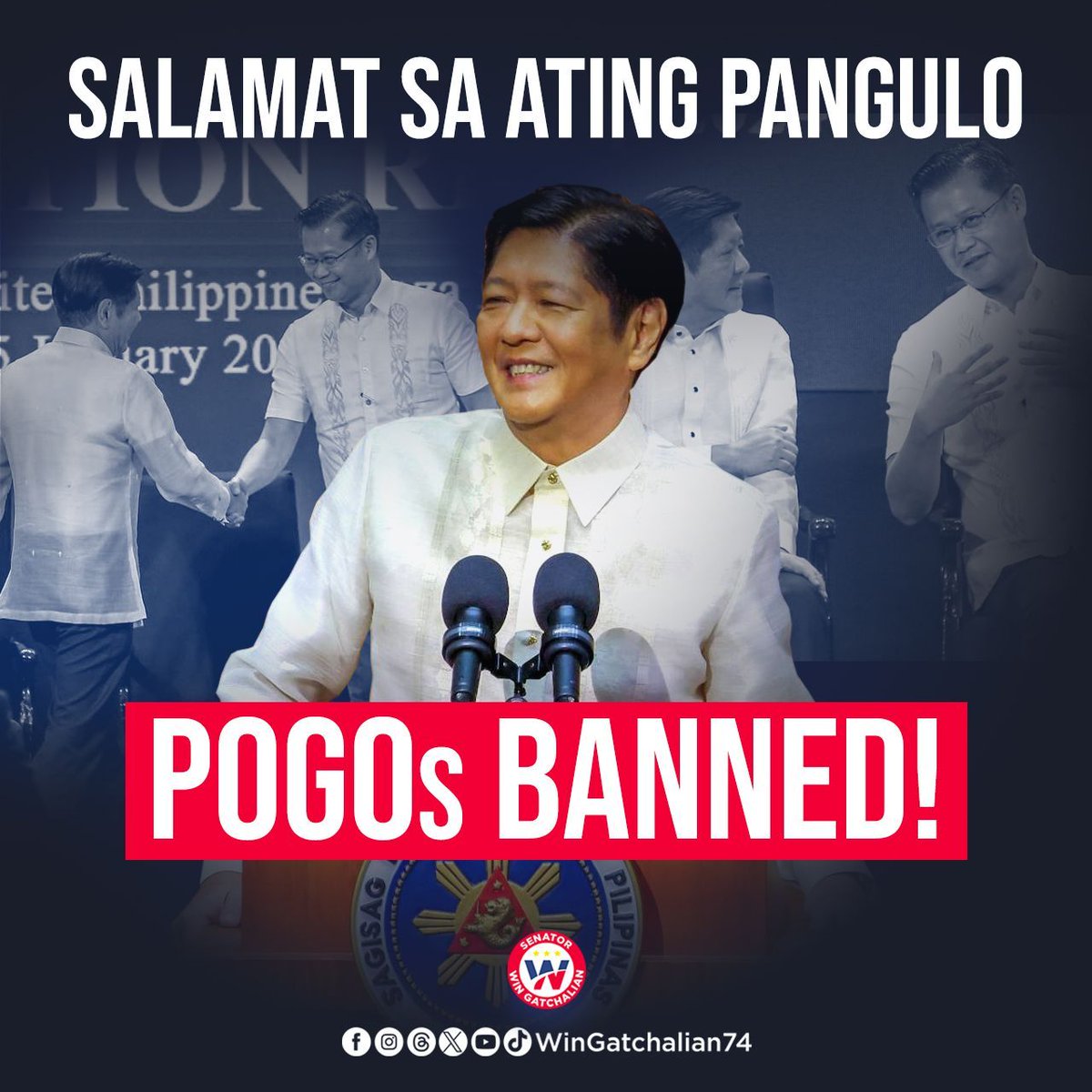 WinGatchalian74's tweet image. POGOs banned! Salamat sa ating Pangulo, sa ating mga kapwa mambabatas, mga ahensya ng gobyerno at sa lahat ng sumuporta sa ating ipinaglalaban. #SONA2024

#WINTayongLahat