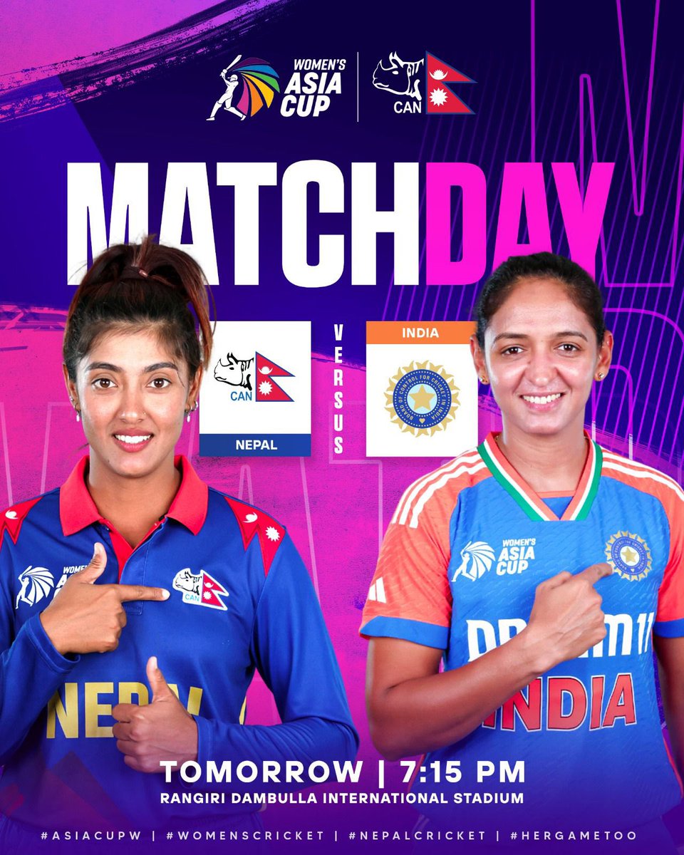 CricketNep's tweet photo. 𝗔𝗿𝗲 𝘆𝗼𝘂 𝗿𝗲𝗮𝗱𝘆 𝗳𝗼𝗿 𝗶𝘁? 🇳🇵🇮🇳

Nepal takes against @BCCIWomen tomorrow. 

#AsiaCupW | #WomensCricket | #NepalCricket | #HerGameToo https://t.co/60TVvReDNO