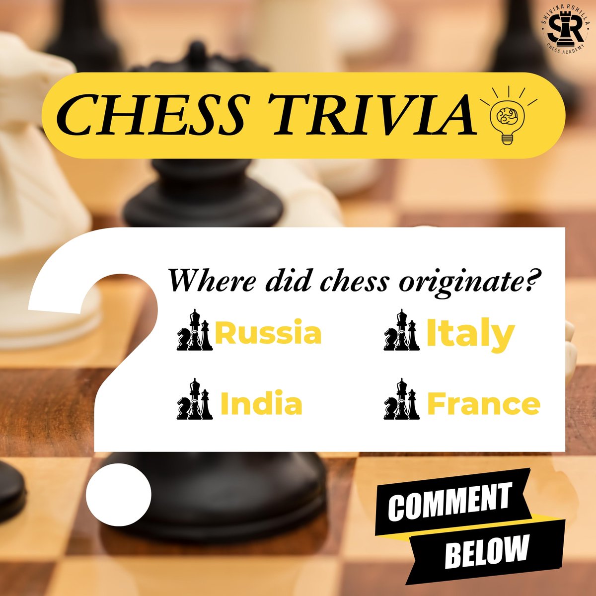 ChessShivi46473's tweet image. Woahoo, it’s trivia time🥳
Do you know where chess originated? Is it Russia, Italy, India or France? 
Drop your guesses in the comments below and let’s see who gets it right!
#SRCA #Chess #Chess2024 #ChessChampions #ChessTrivia #ChessQuizz #Grandmaster #ChessKnowledge #NewDelhi
