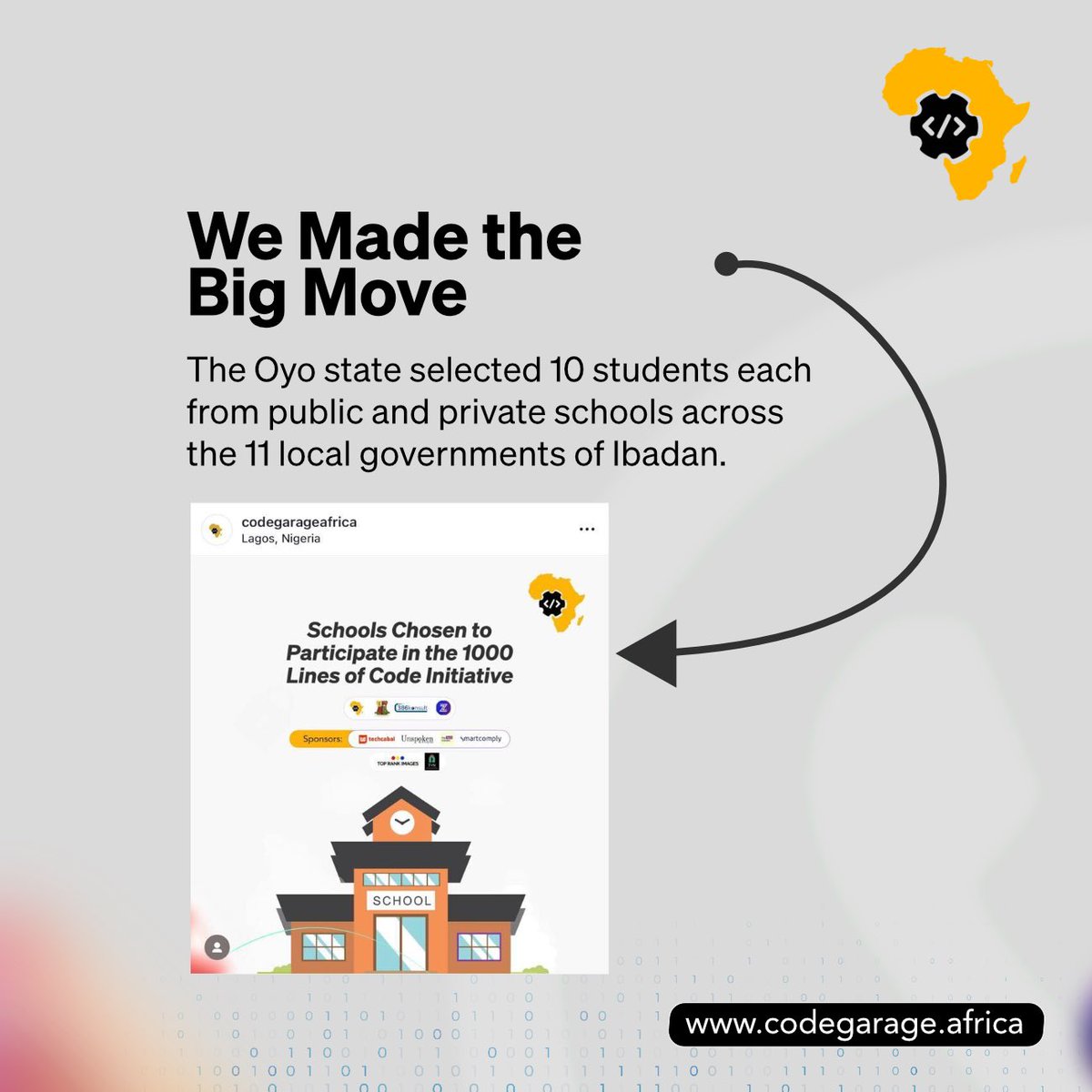 CodegarageA's tweet image. From conception to execution, we’re proud to share our story of partnership, perseverance, and impact.

Swipe through to see how we:

- Brought the idea to life
- Secured partnerships with @386konsult , @zeeh_africa!, and the @oyostategovt

#1000LinesOfCode #CodeGarageAfrica