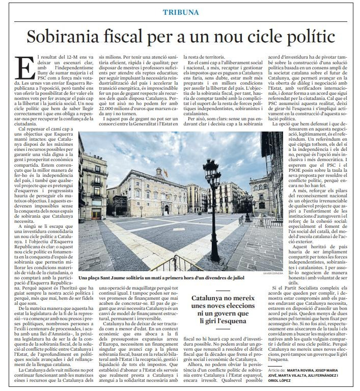 Un finançament just que permeti sostenir amb garanties l'estat del benestar. Sobirania fiscal que aporti transparència al sistema. 

Cal que el consens econòmic i social per un millor finançament es concreti en un gran acord polític que ho faci possible. En benefici de la gent!