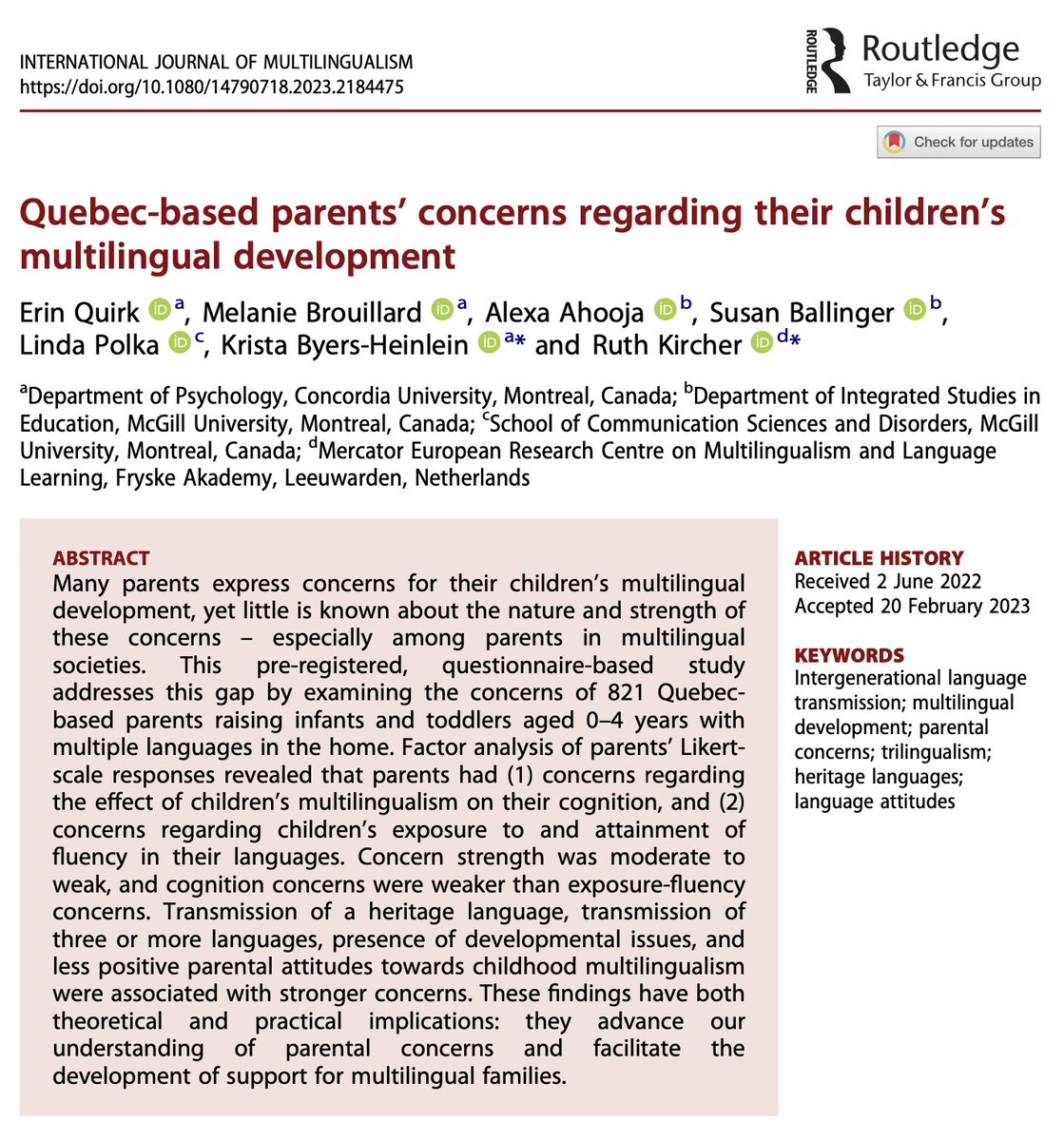Delighted that this is now out as part of a volume!
doi.org/10.1080/147907…
If you don't have access to the International Journal of Multilingualism — here is a free preprint: 
doi.org/10.31234/osf.i…
#Multilingualism #HeritageLanguages #IntergenerationalLanguageTransmission