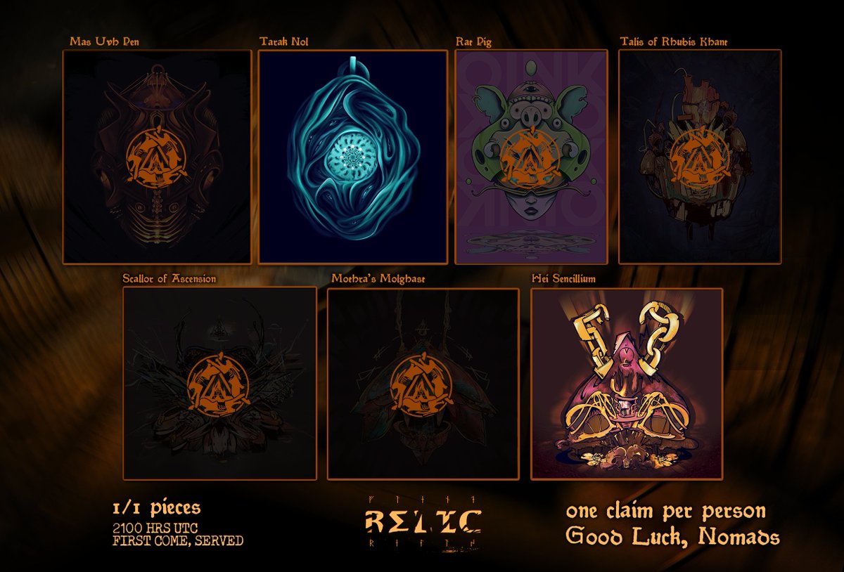 The $Sharon has been rolling through... more artefacts and ancient mysteries have been making their way into Nomad hands thanks to #Relic and his dealing with the Font of the Holy Skull. 

Only 2 Amulets remain from our initial release.
Their powers? ... are yet o be unveiled.