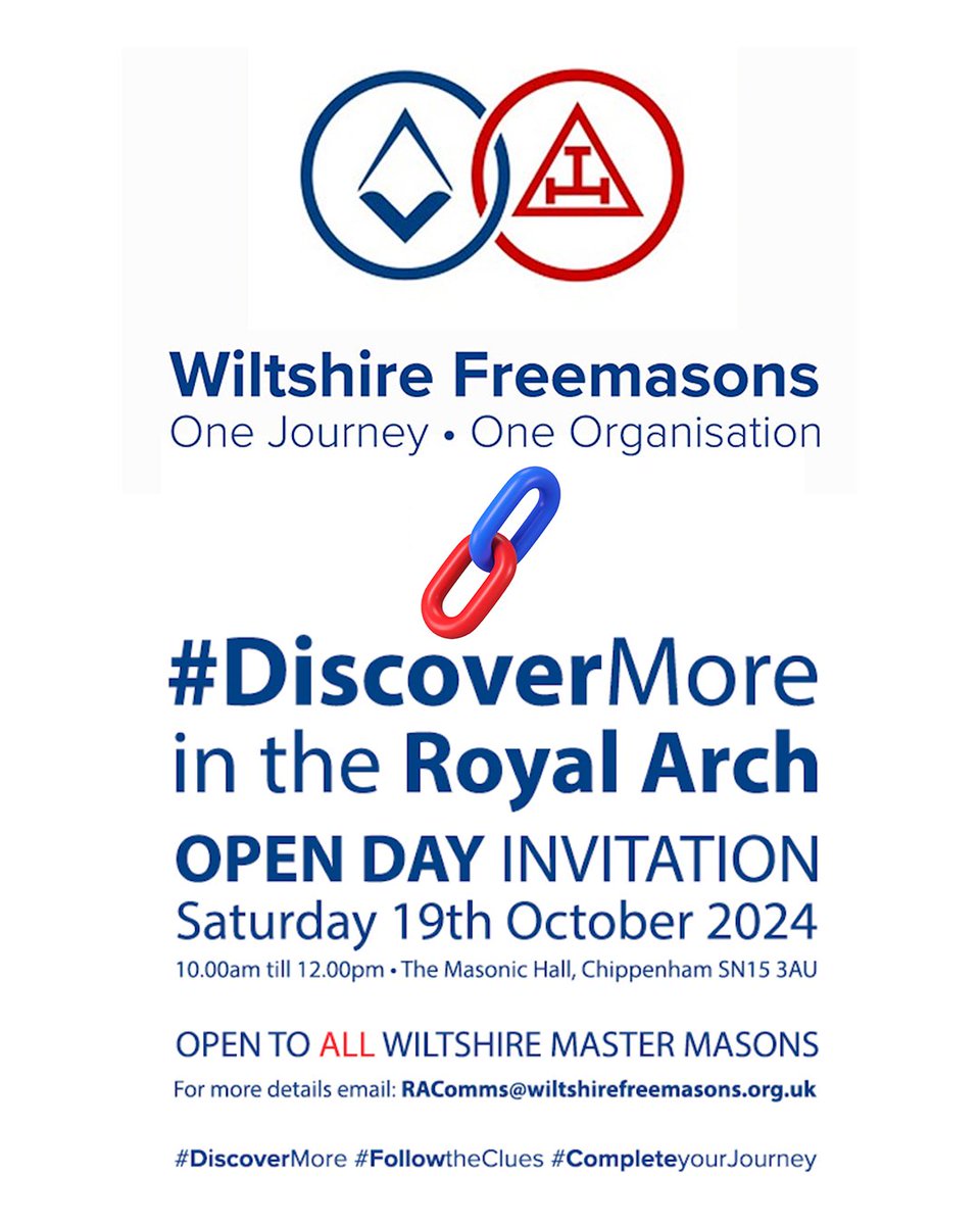 #WiltshireRoyalArch Discover More in the Royal Arch. Open Day Invitation to all Wiltshire Master Masons from the Most Excellent Grand Superintendent John Reid. Saturday 19th October 2024. For event details email: racomms@wiltshirefreemasons.org.uk #19Oct24 <a href="/wiltspgl/">Wiltshire Freemasons</a> <a href="/pgcWiltshire/">PGChapter Wiltshire</a>