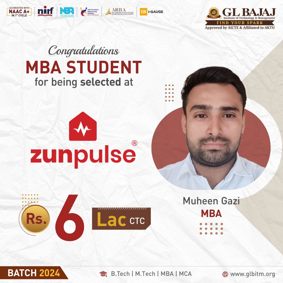 glbajaj's tweet photo. Talented student of MBA, Batch 2024 of GL Bajaj Institute of Technology &amp; Management (GLBITM) has secured a placement from campus recruitment drive at Zunpulse.
#GLBajaj #GLBITM #Placement #campusplacement #jobs2024 #Zunpulse #studentplacement #MBA #topMBAcollege #Findyourspark https://t.co/nRd01iYKkJ