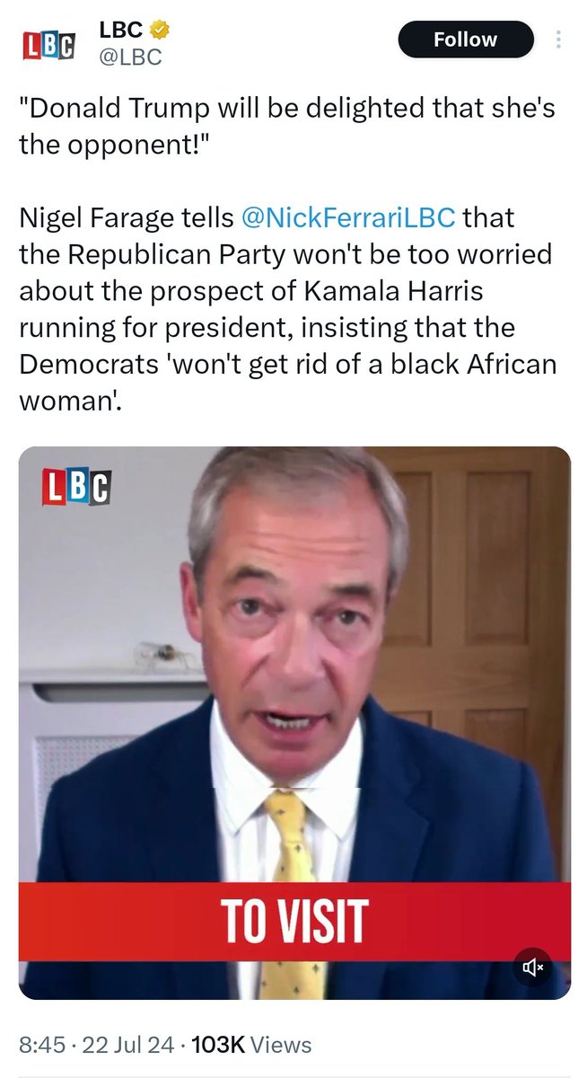 snigskitchen's tweet image. Straight up racism from Nigel Farage as he says he "cannot see the Democrat Party getting rid of a black African woman." Kamala Harris was born in America. She's American.