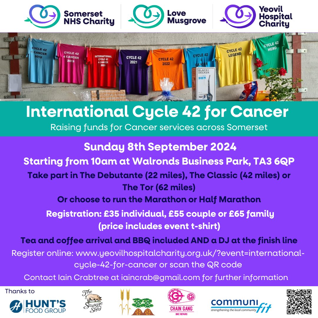 Interested in taking part in the International Cycle 42 for Cancer but cycling isn't your thing? 
Good news!! New this year you can choose to run the marathon or half marathon instead!! For more info, please visit our website yeovilhospitalcharity.org.uk/?event=interna… 
#running #fitness #cancer
