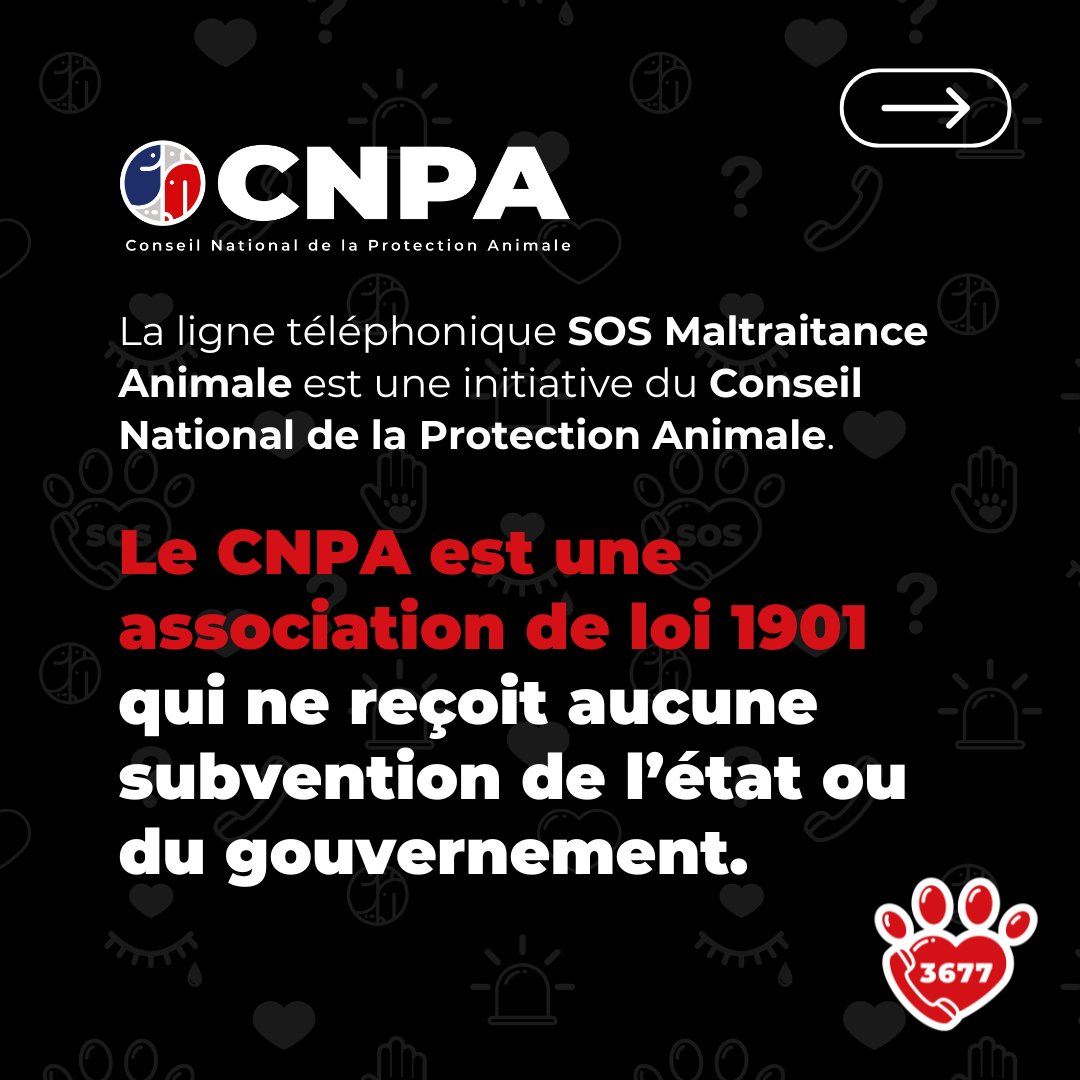 ☝️Le 3677 SOS Maltraitance Animale n’est pas un service de l’État mais une initiative du Conseil National de la Protection Animal, une association de loi 1901 qui ne reçoit aucune subvention de l’état ou du gouvernement.   

#SOSMaltraitanceAnimale #ProtectionAnimale